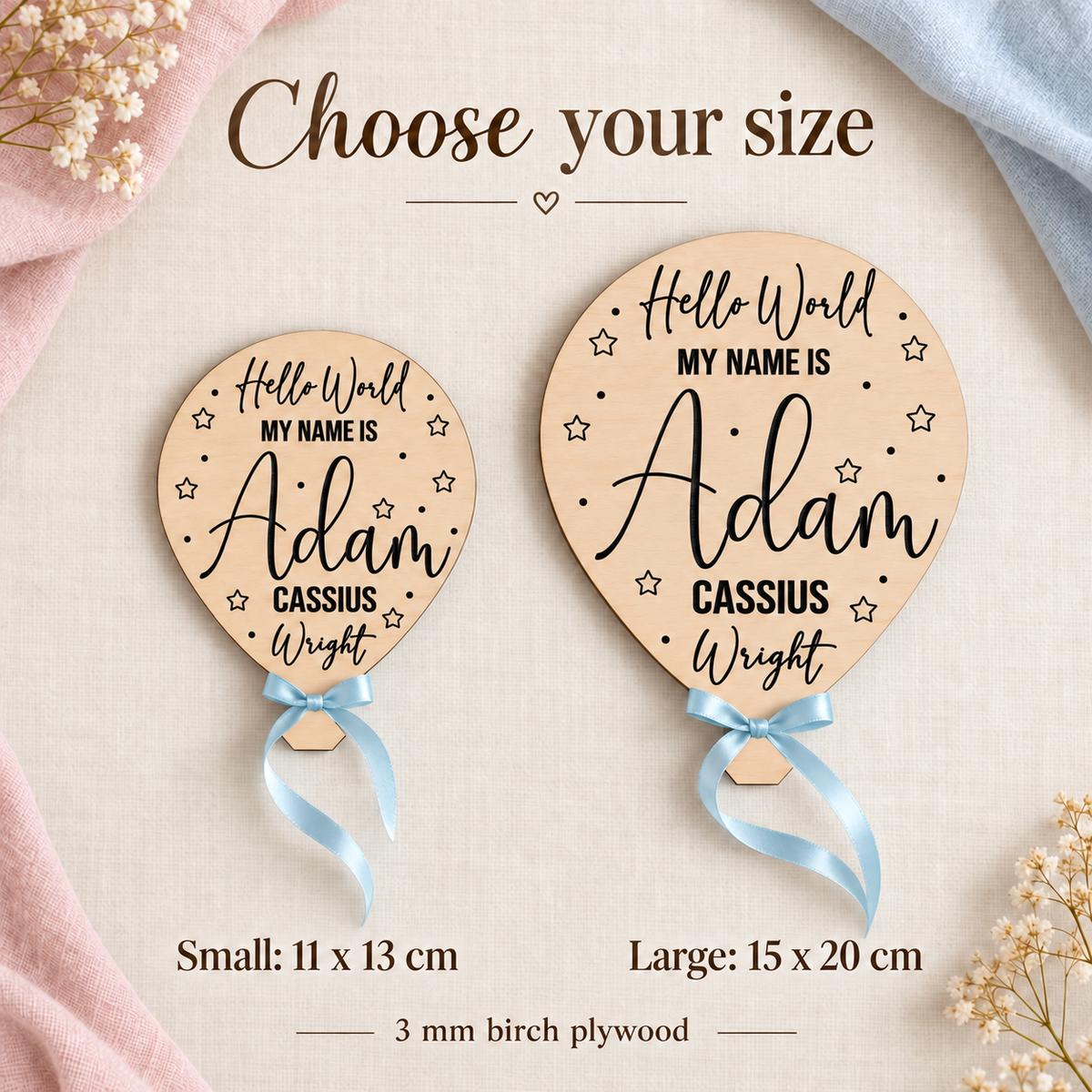 Hello World star balloon size guide showing Small 11 by 13 cm and Large 15 by 20 cm