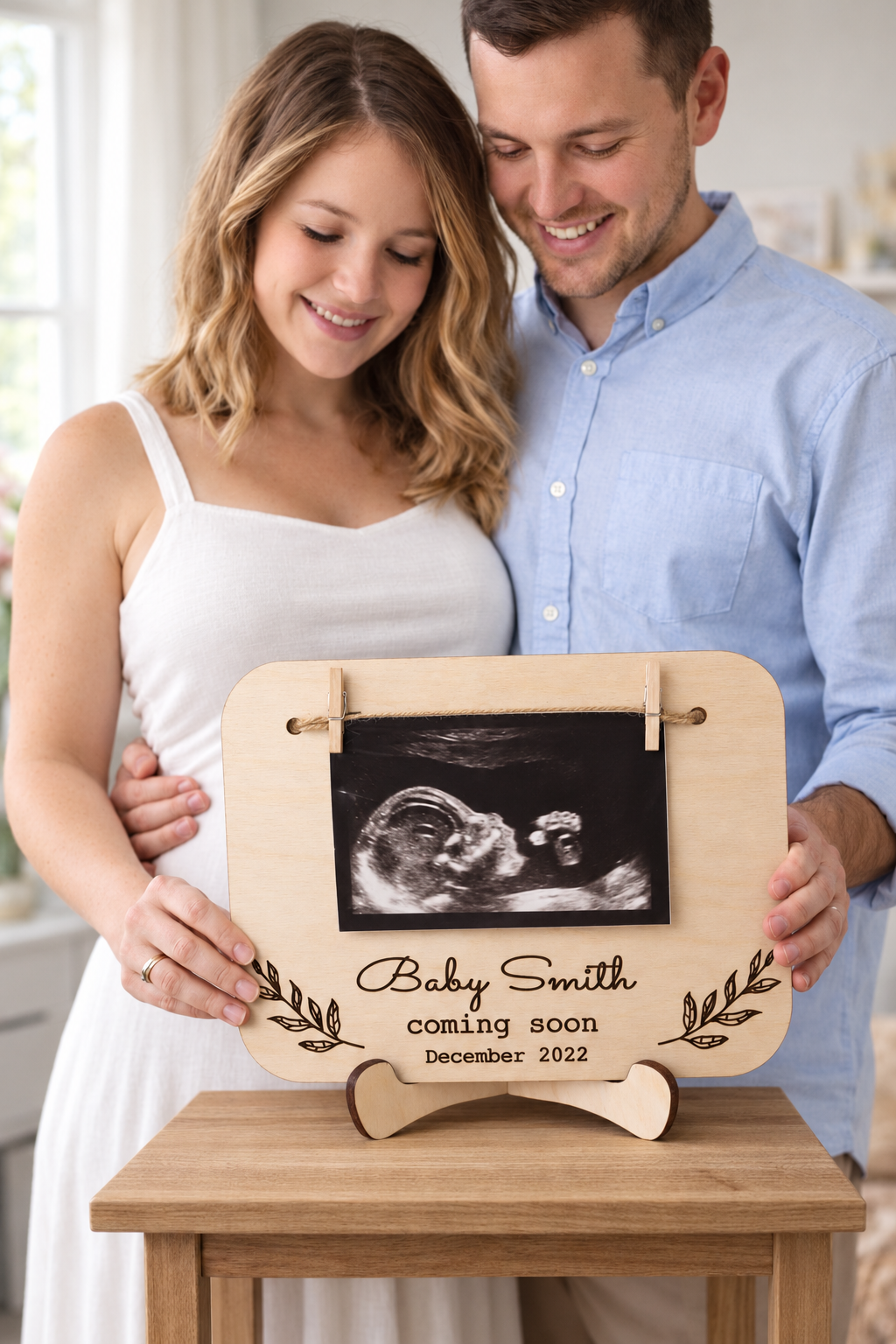 Parents holding a personalised wooden baby scan pregnancy announcement sign with dark engraving