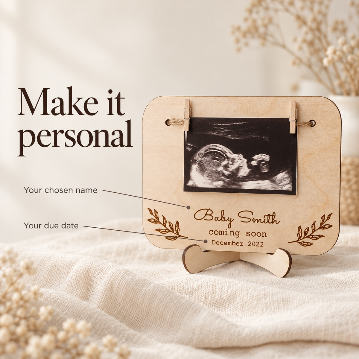 Personalise your wooden pregnancy announcement sign with a name and due date