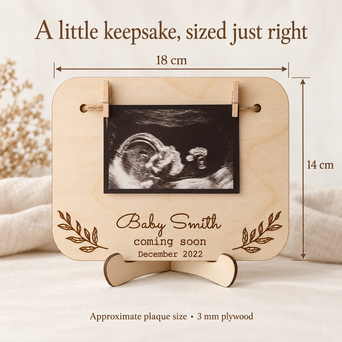 Wooden baby scan sign dimensions: approximately 18 cm wide by 14 cm high, 3 mm plywood