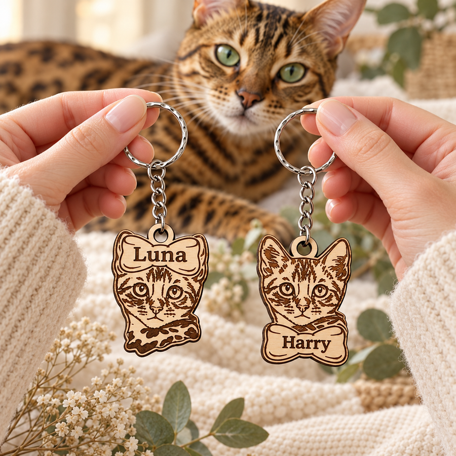 Personalised Bengal cat keyrings Luna and Harry held in hands, with a brown rosetted Bengal cat in the background