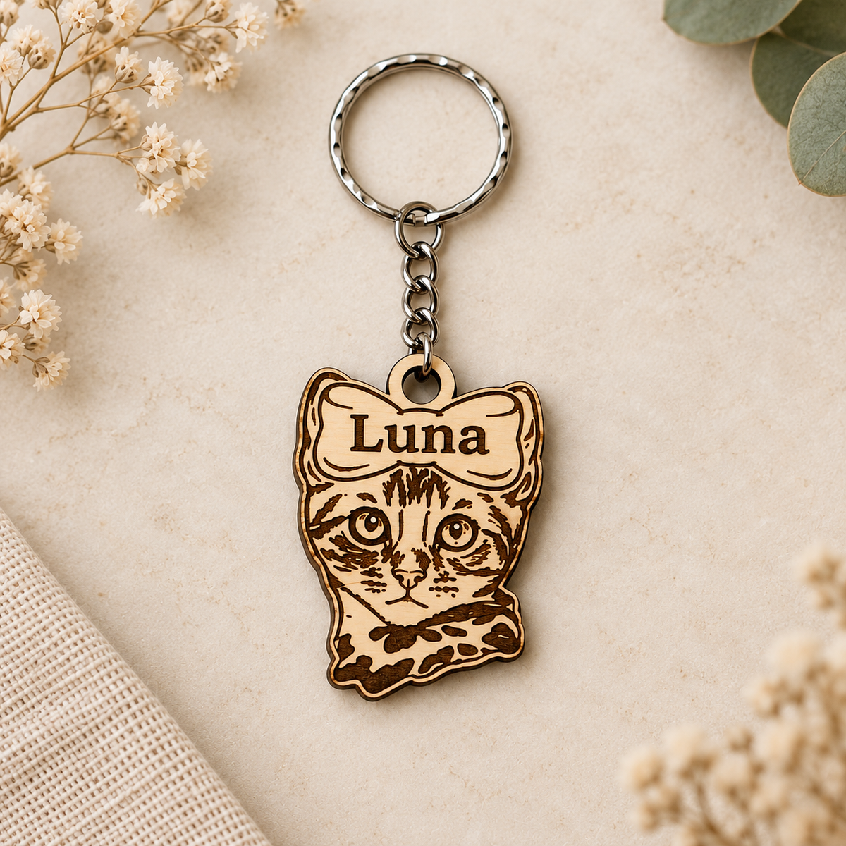 Wooden Bengal cat keyring engraved Luna, with a personalised top bow, silver-coloured chain and split ring