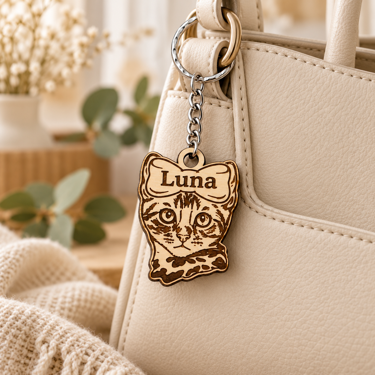 Personalised Luna Bengal cat keyring attached to a cream handbag as a small wooden bag charm
