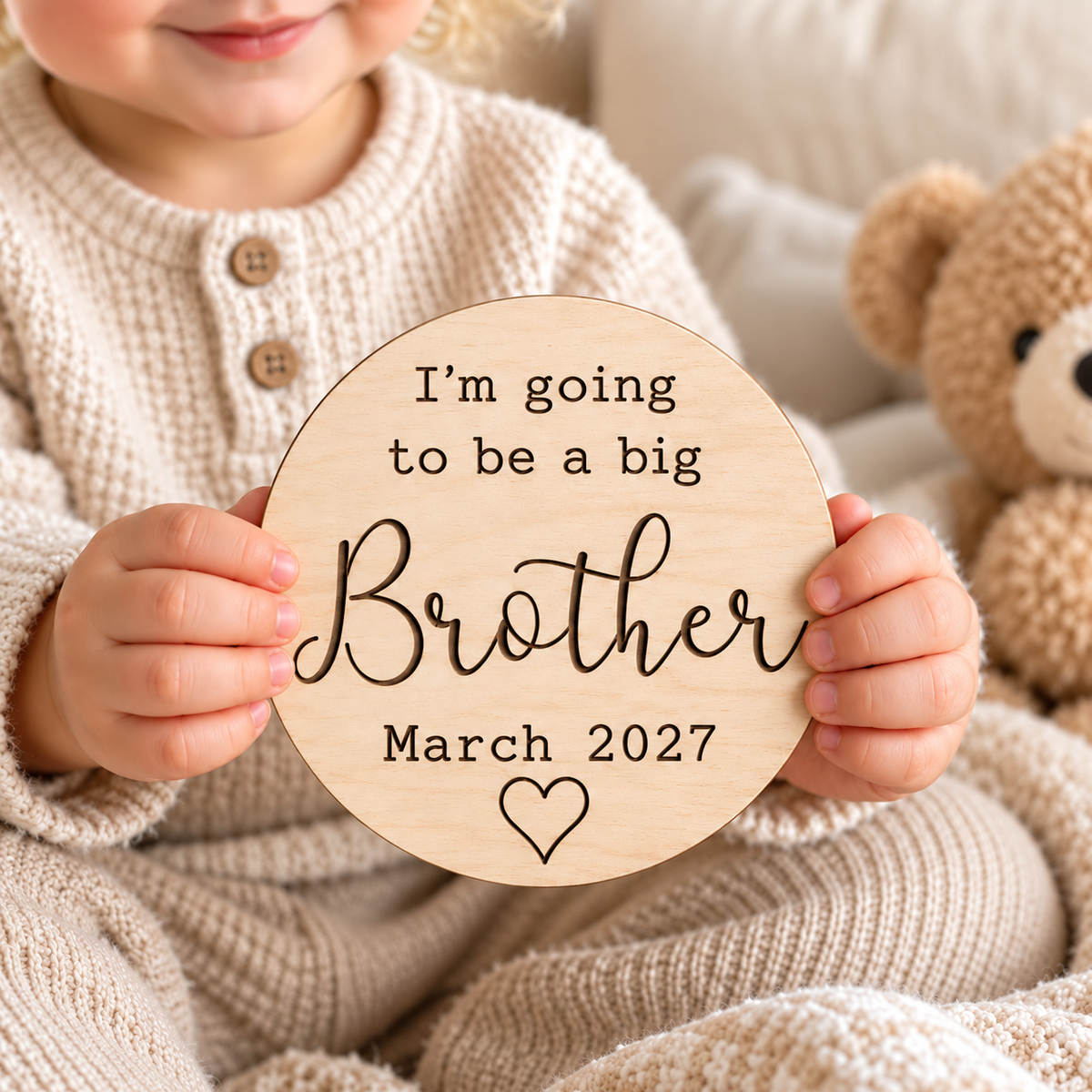 Child holding the round birch big brother announcement plaque with black engraved lettering