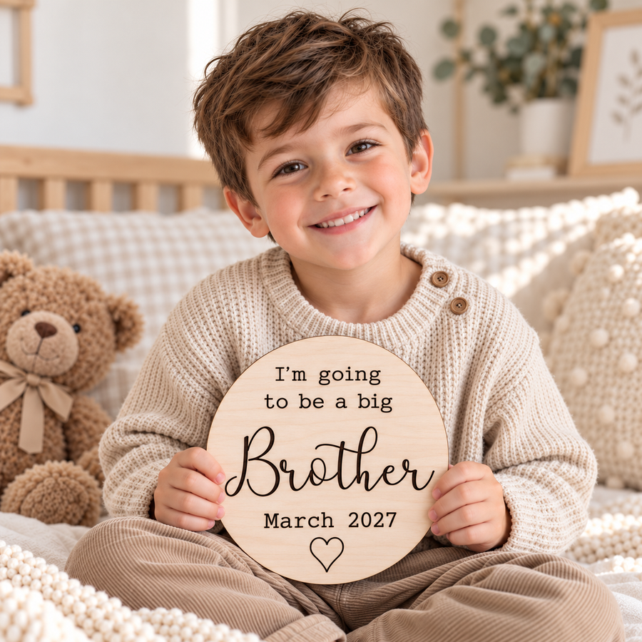 Smiling boy holding a personalised big brother announcement sign with March 2027 due date