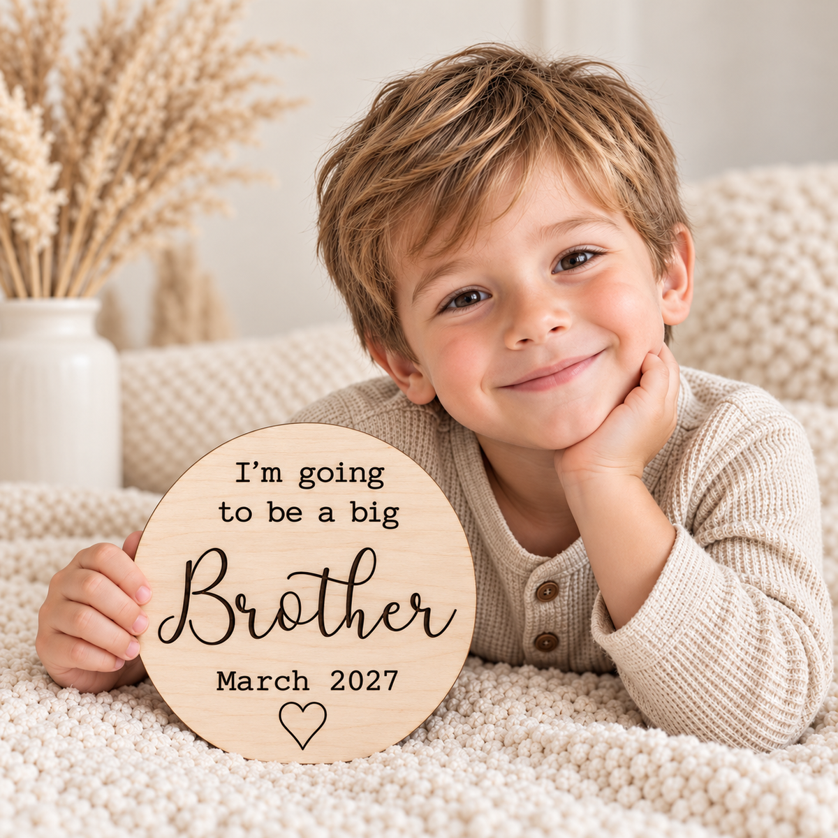 Boy beside a wooden big brother pregnancy announcement plaque with a personalised due date