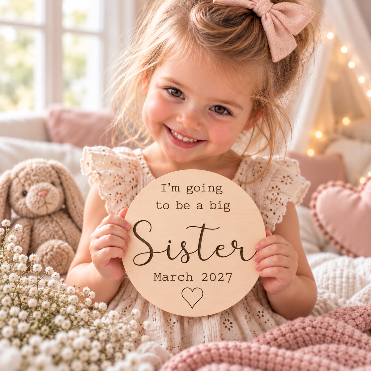 Girl holding a personalised I'm going to be a big Sister wooden sign with March 2027 due date