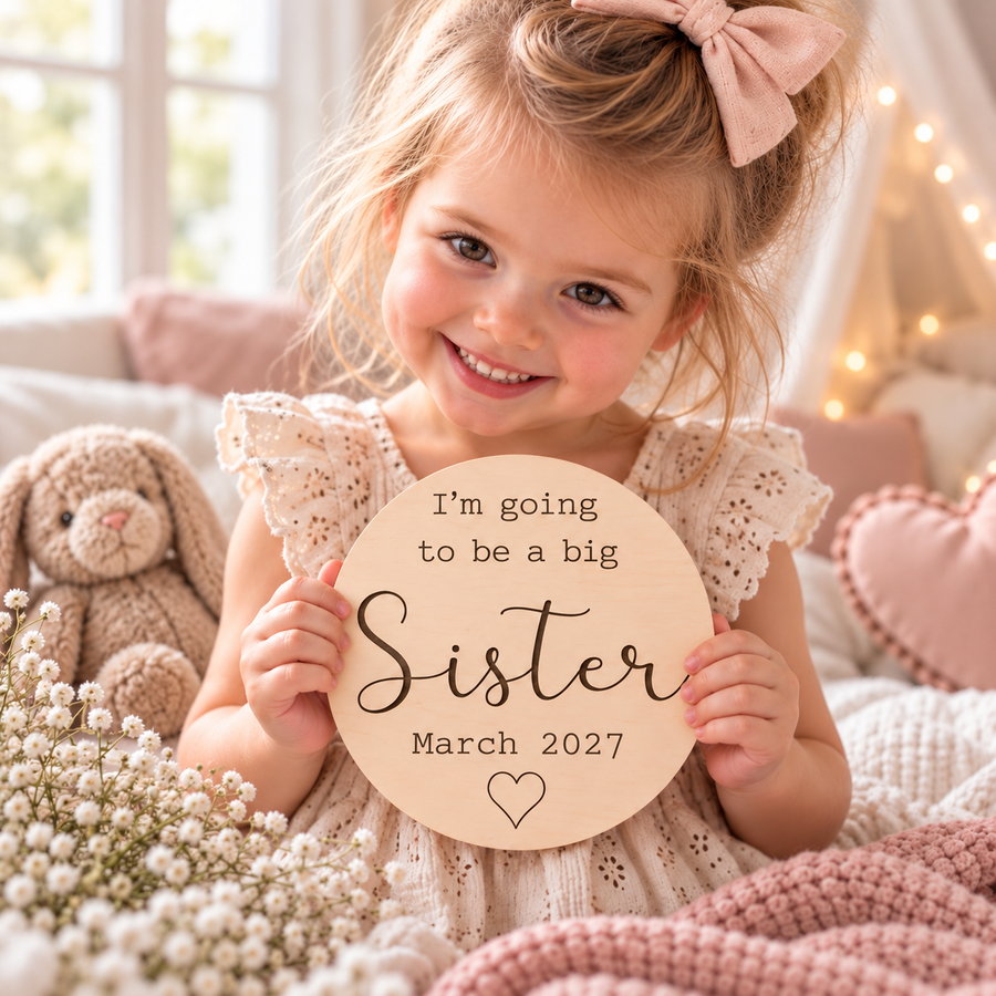 Girl holding a personalised I'm going to be a big Sister wooden sign with March 2027 due date