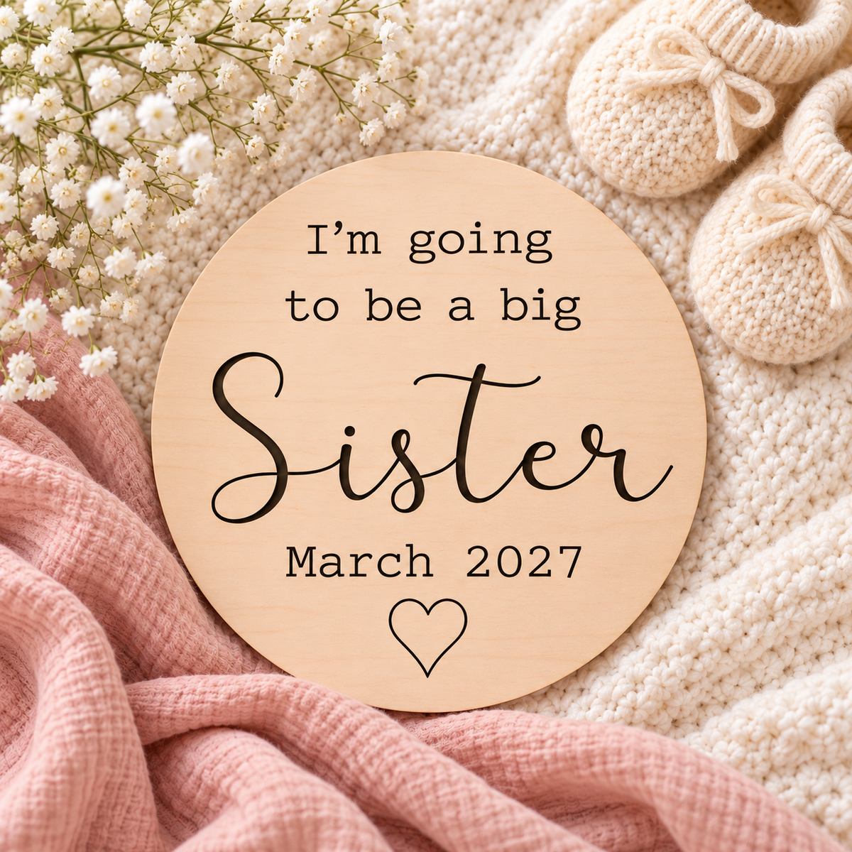 Big sister baby announcement sign styled with cream booties and dusty pink muslin
