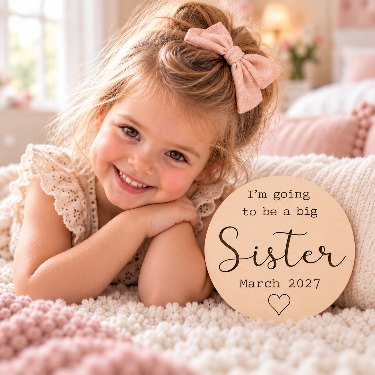 Smiling girl beside a round wooden big sister pregnancy announcement sign