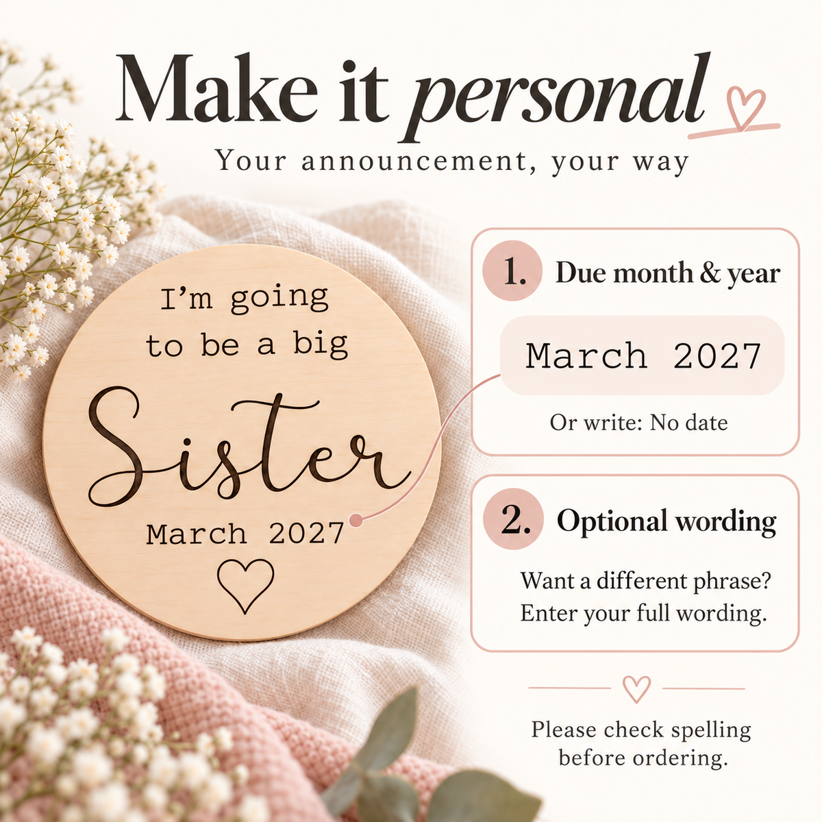 Personalisation guide showing due month and year, No date option and optional replacement wording