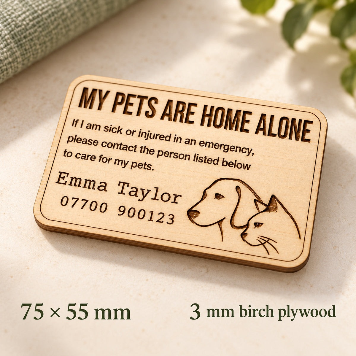 Pet emergency card engraving and birch plywood edge detail, showing dimensions of 75 by 55 mm and 3 mm thickness.