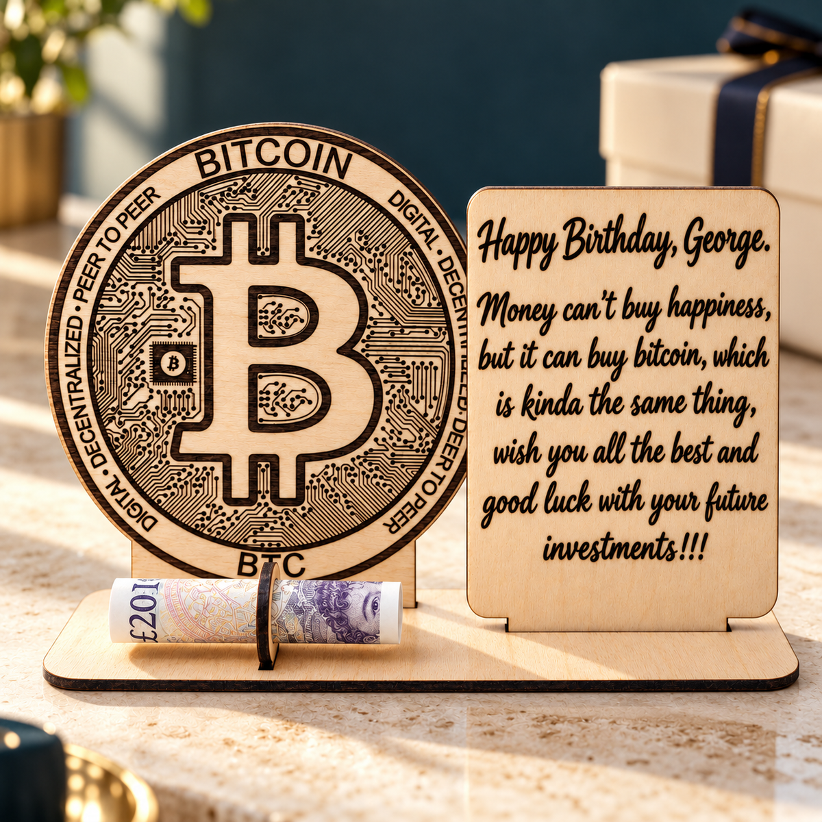 Personalised Bitcoin birthday keepsake with optional cash holder on a cream tabletop against a dark teal background