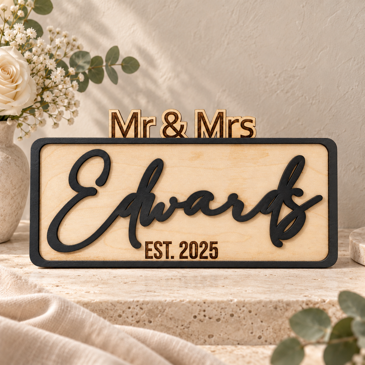 Black personalised Edwards Mr & Mrs wedding sign with a natural wooden centre and engraved established year