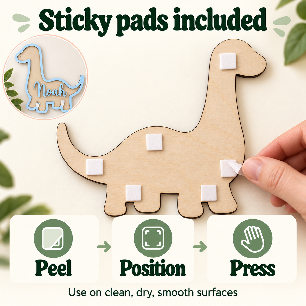 Sticky pads included with the wooden brachiosaurus plaque, showing peel, position and press mounting steps