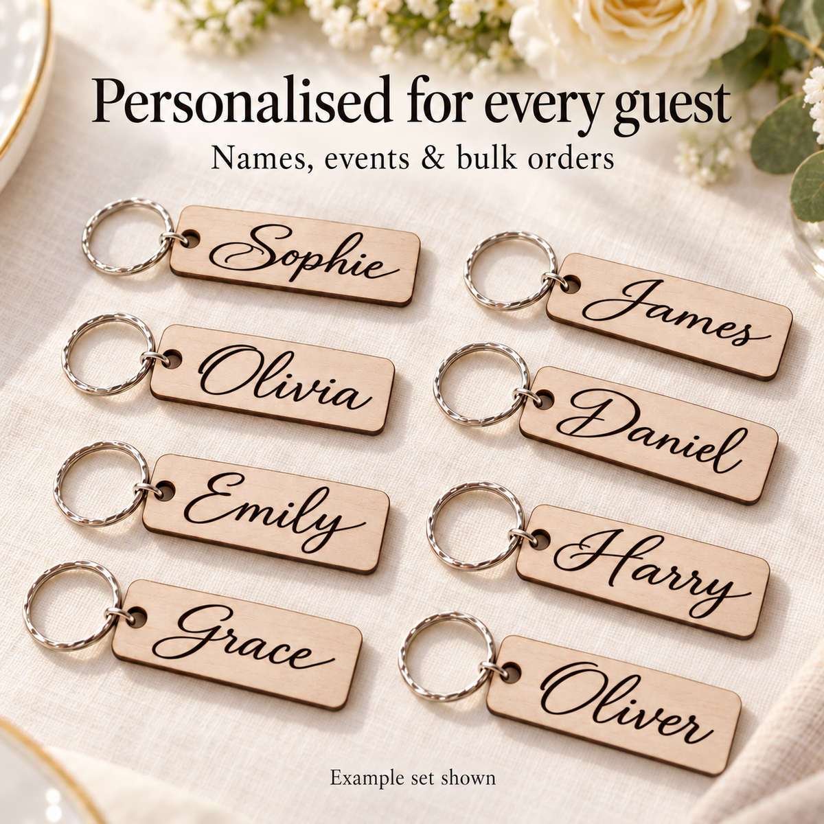 Rectangular wooden keyrings engraved with different names for bulk orders, events and personalised guest gifts.