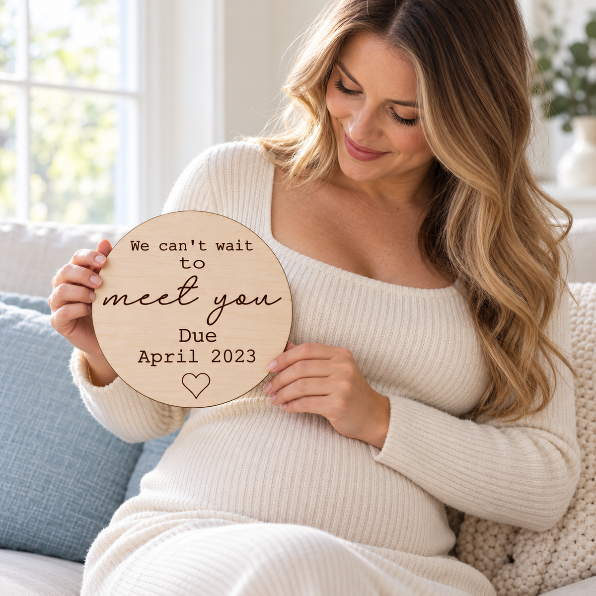Expectant mother holding the personalised wooden due date sign beside her baby bump.