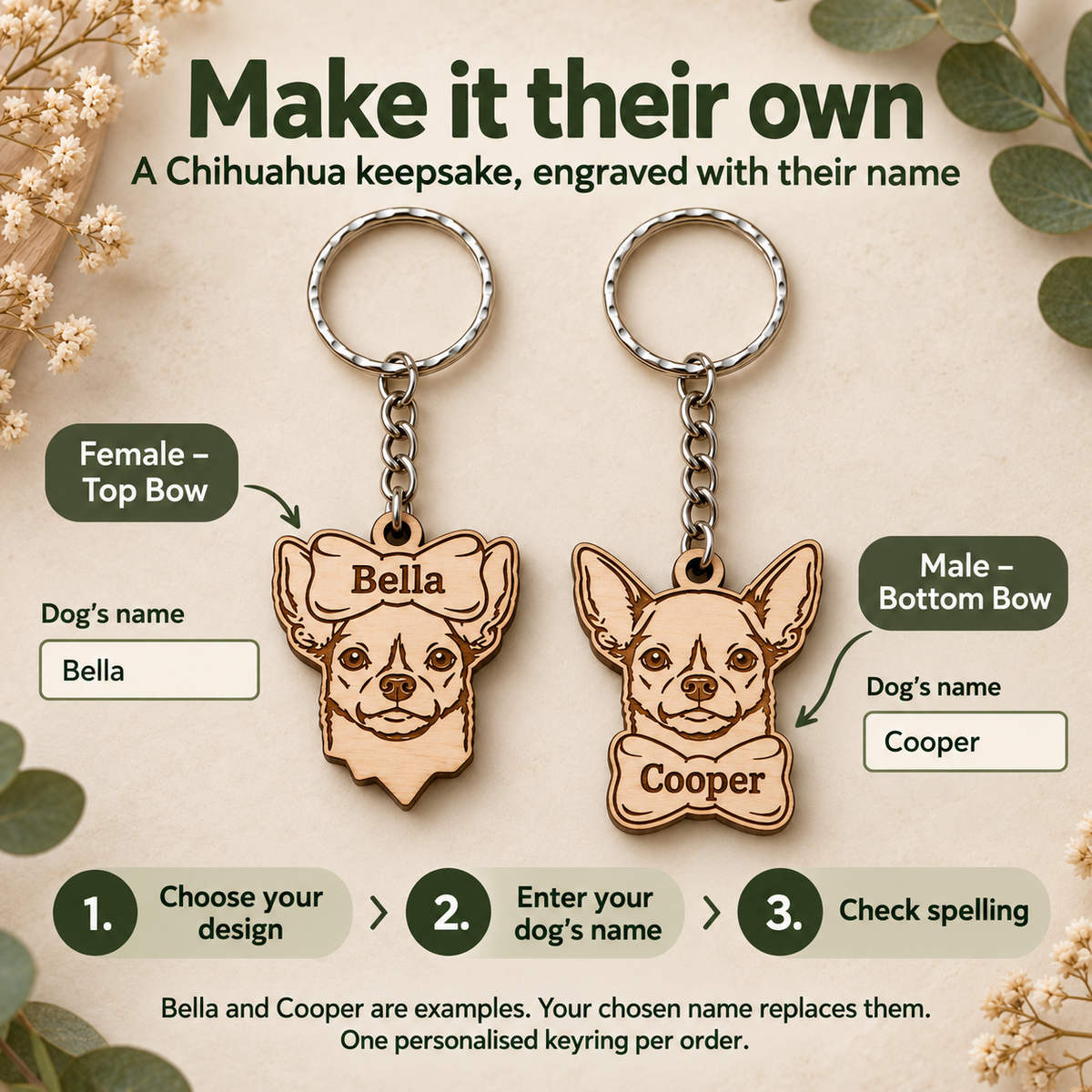 Chihuahua keyring personalisation guide showing bow choice, Bella and Cooper example names and three ordering steps