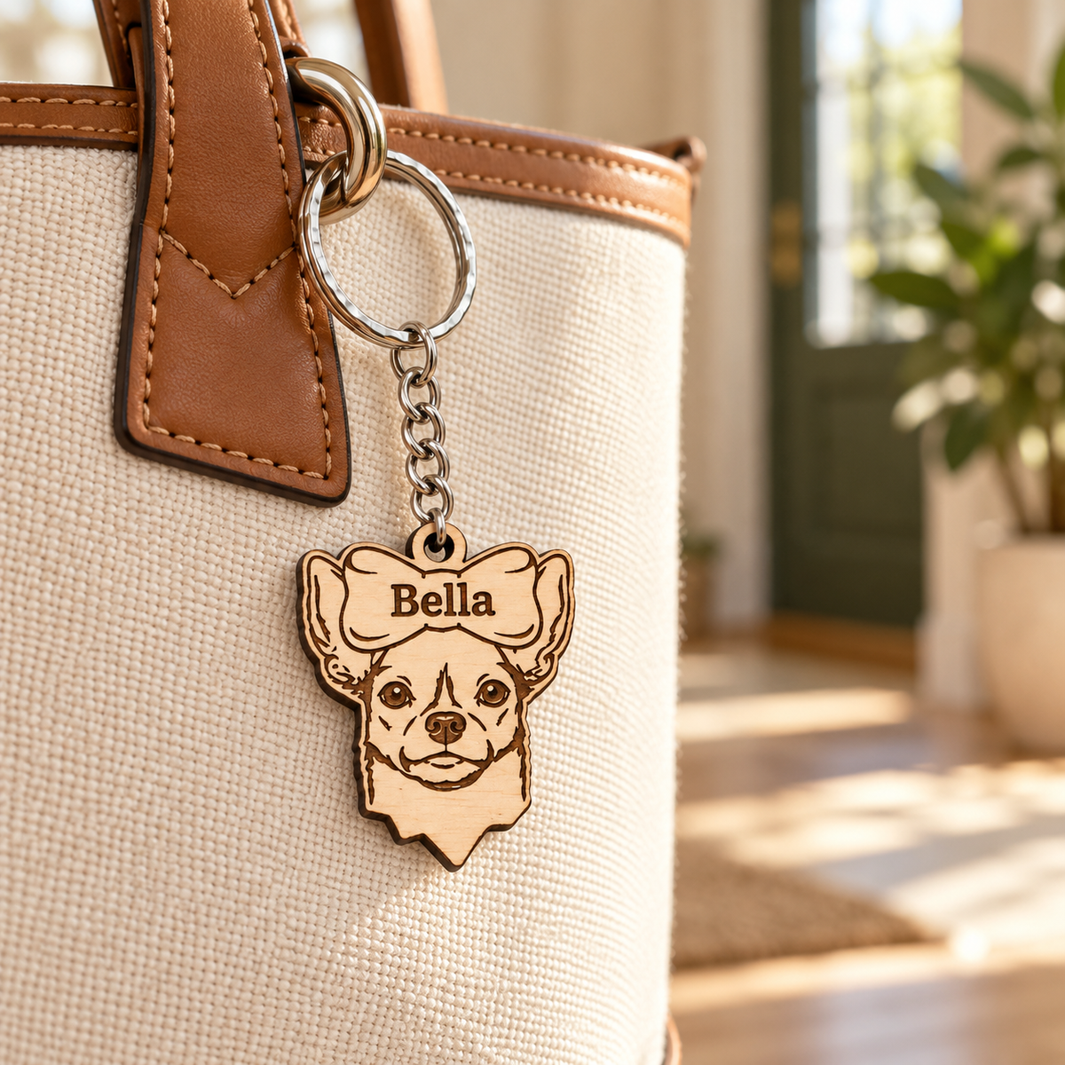 Personalised Bella top bow Chihuahua keyring attached to a cream canvas handbag with tan leather trim