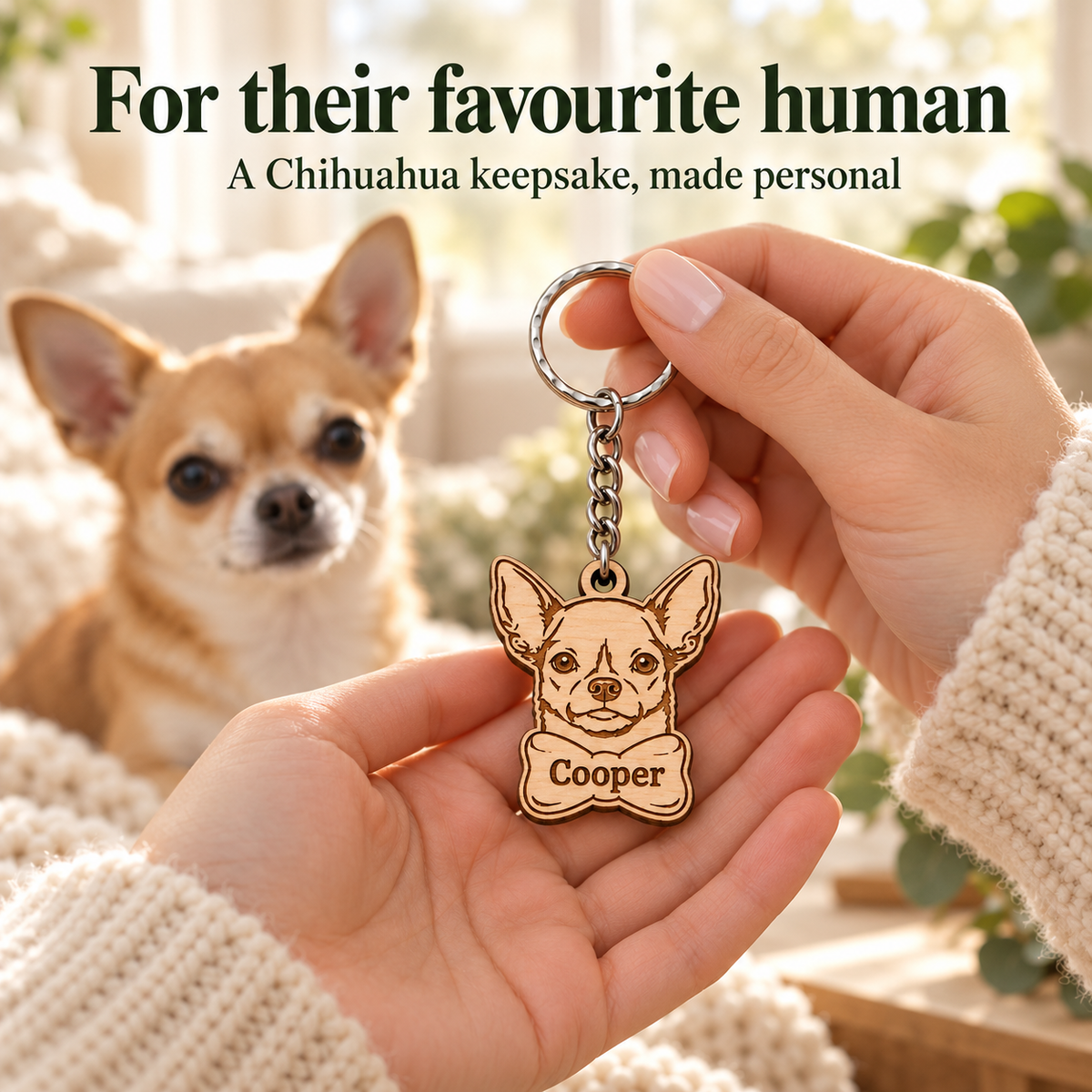 Hands presenting a Cooper wooden Chihuahua keyring as a personalised gift, with a fawn Chihuahua in a bright home