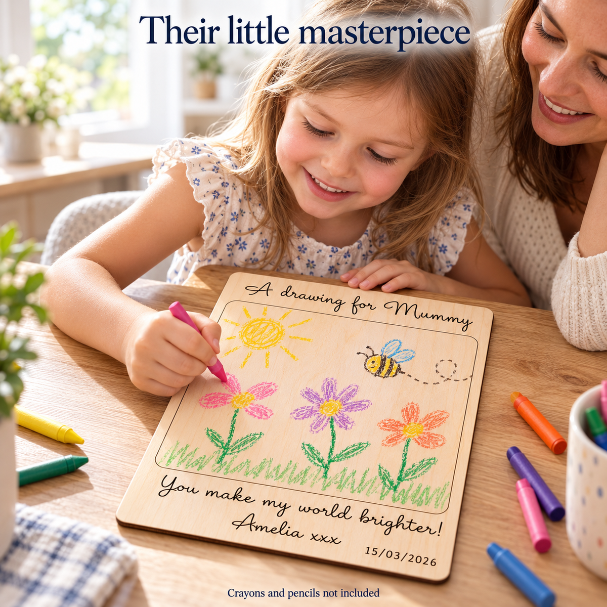 Child drawing flowers with a crayon directly on a personalised wooden Mummy plaque, with adult supervision; crayons and pencils not included.