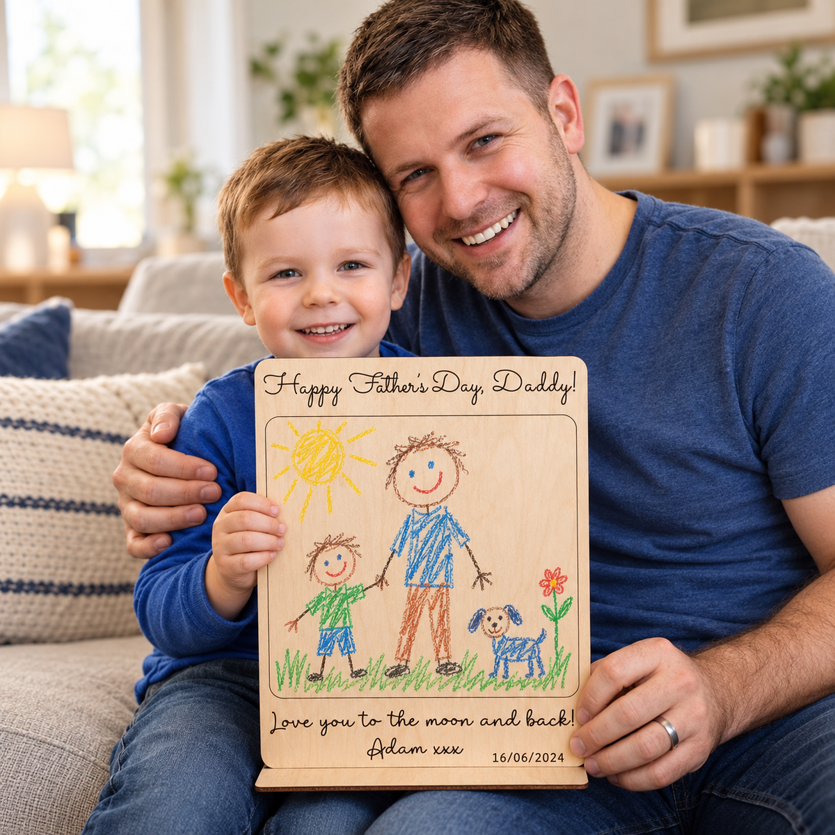 Father and son holding an A4 wooden drawing gift with a colourful child-made family picture and dark personalised engraving.