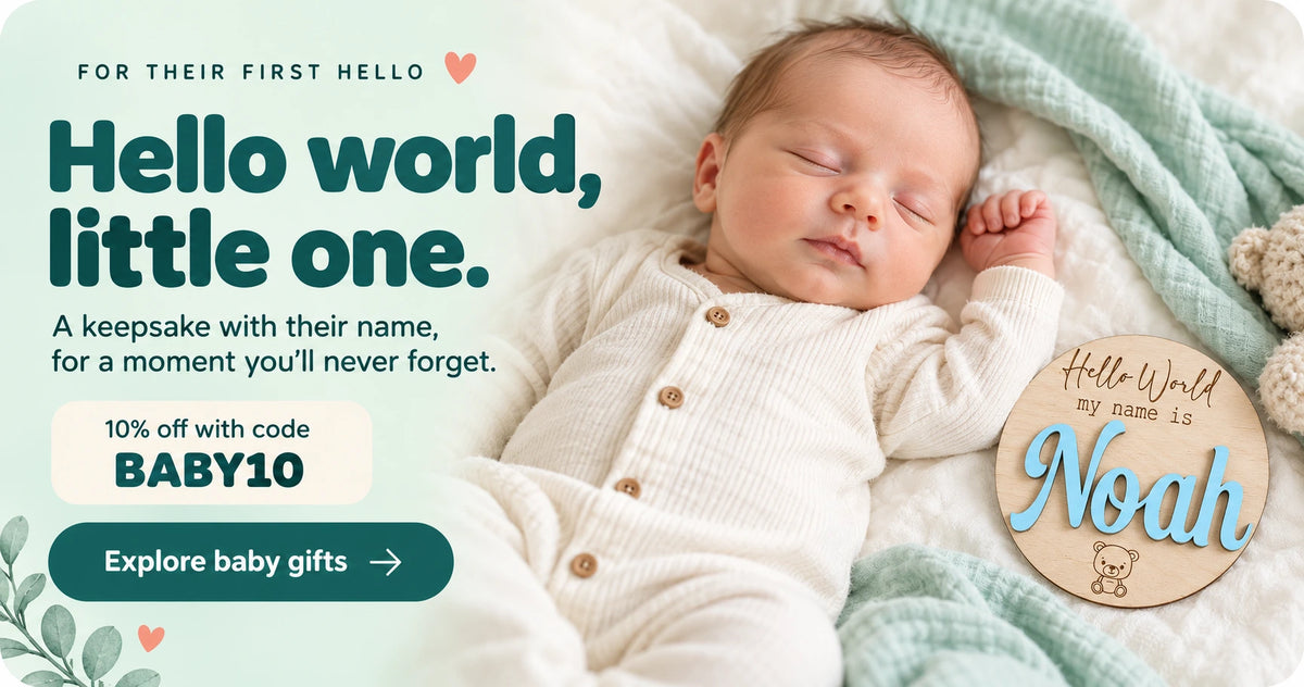 Hello world, little one. Personalised teddy bear baby announcement plaque. Get 10% off your order with code BABY10. Explore baby gifts.