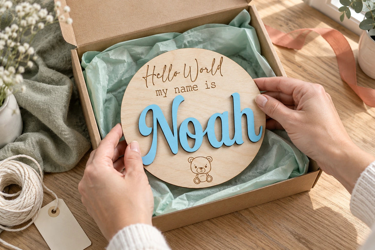 Hands packing a personalised wooden teddy bear baby announcement plaque in mint tissue paper.