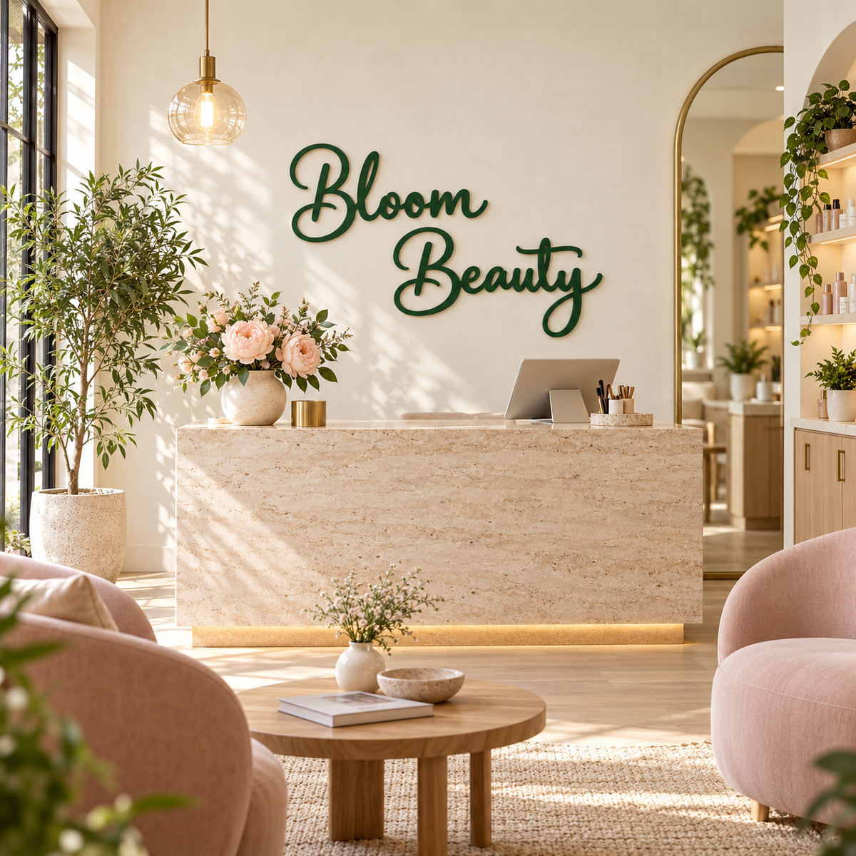 Forest green Bloom Beauty wooden business lettering behind the reception desk in a beauty salon.