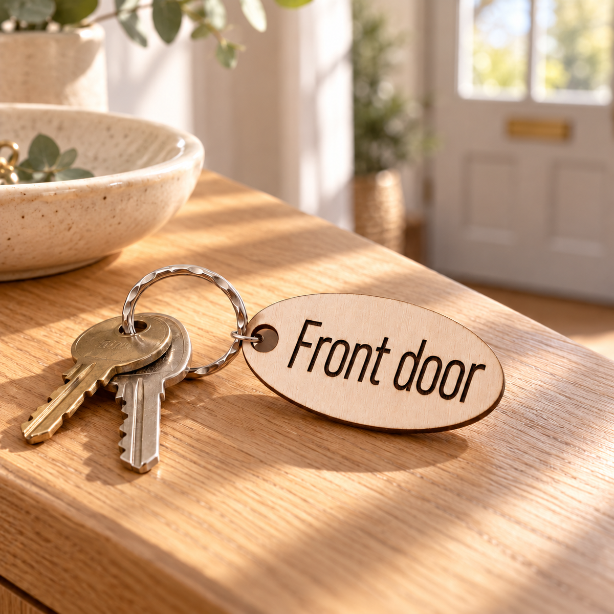 Front door wooden key tag attached to metal keys, showing a practical use for personalised keyrings.