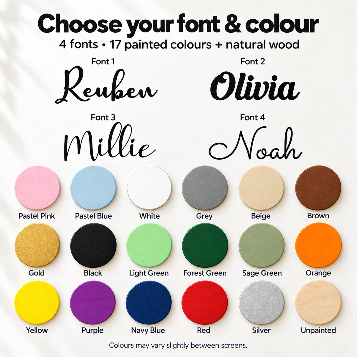 Font 1 Reuben, Font 2 Olivia, Font 3 Millie and Font 4 Noah, with 17 painted colour swatches and an unpainted natural wood finish for personalised wooden signs.