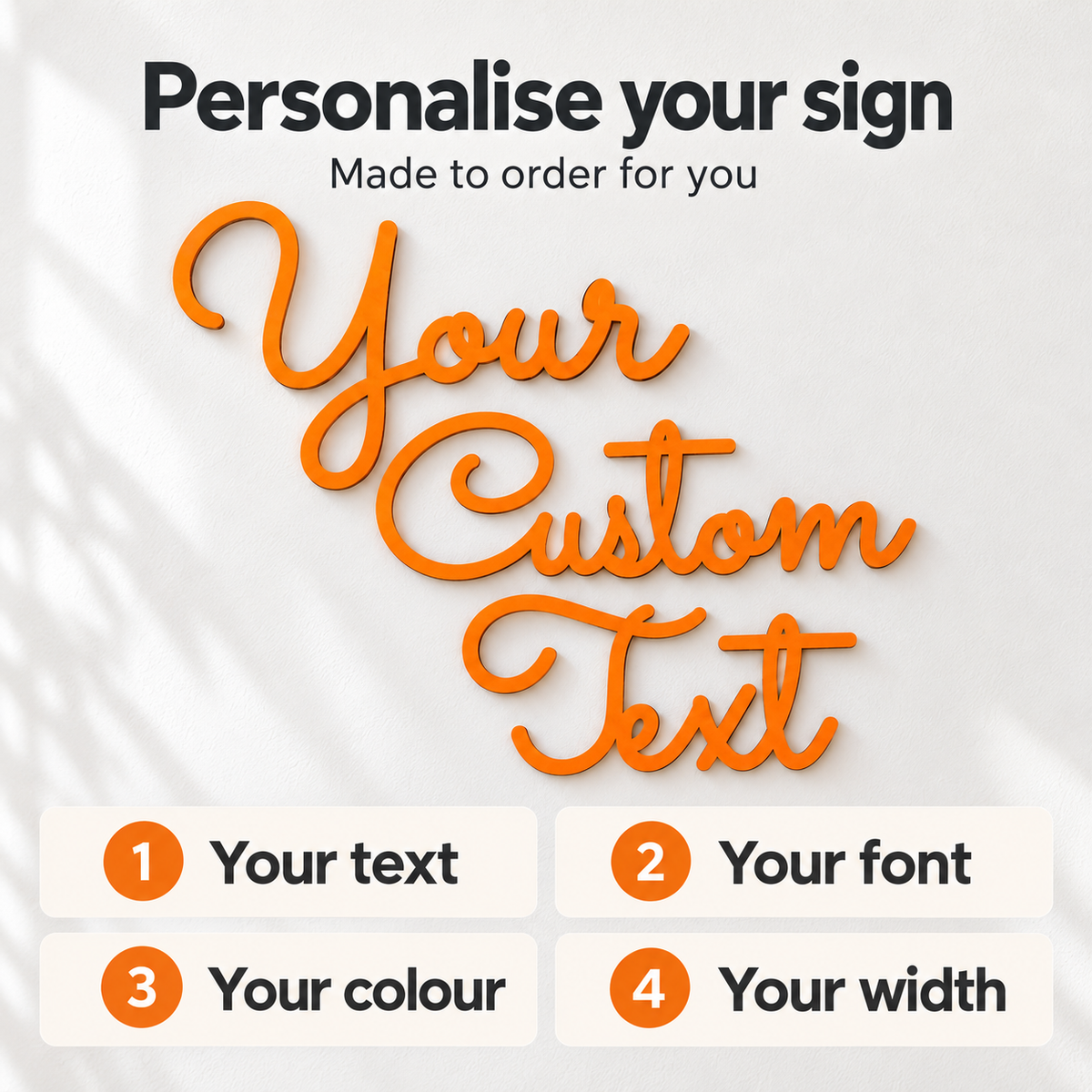 Orange Your Custom Text wooden lettering with a four-step guide to personalising a made-to-order sign.
