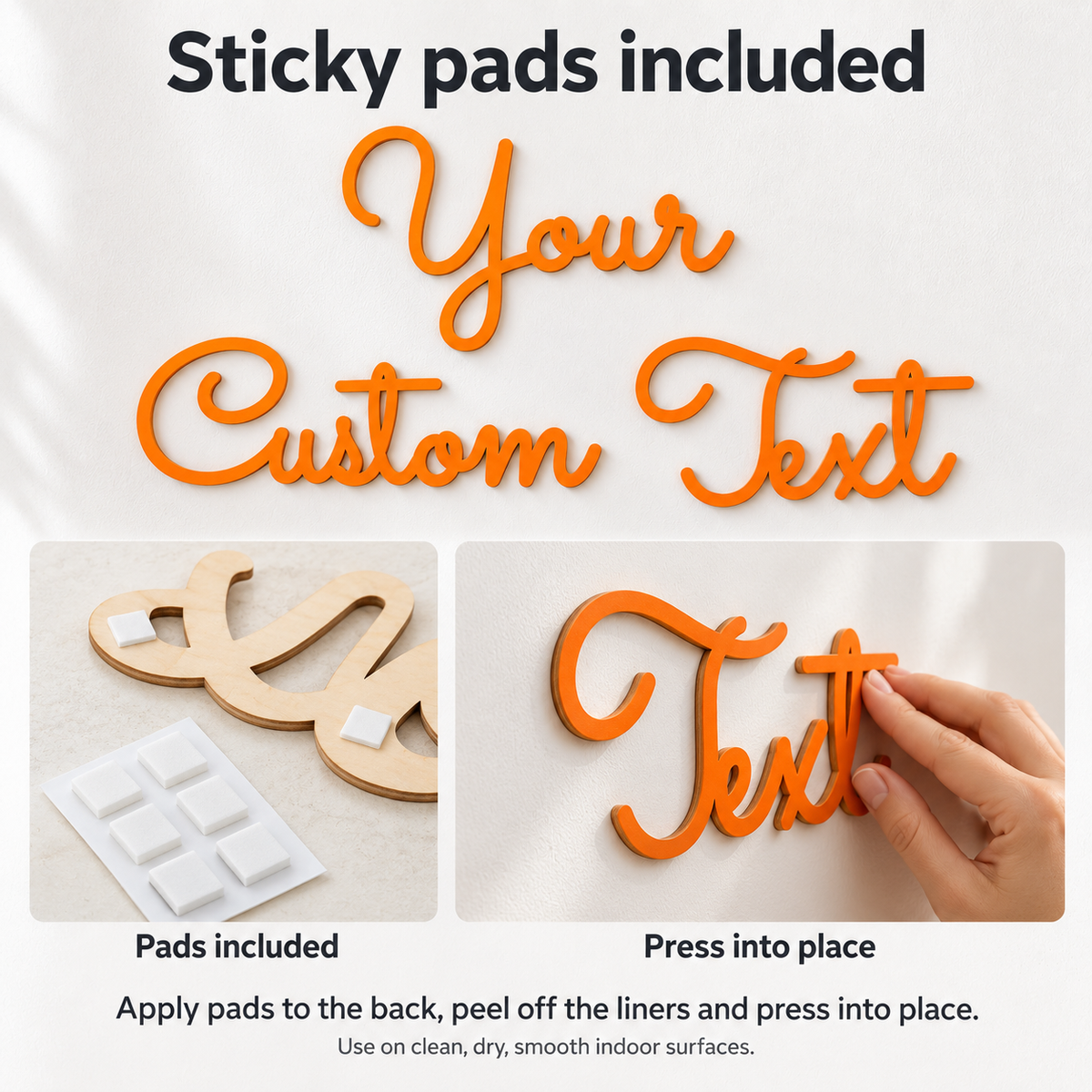 Sticky pads mounting guide showing orange wooden words, pads on the back and a hand pressing a word onto a wall.