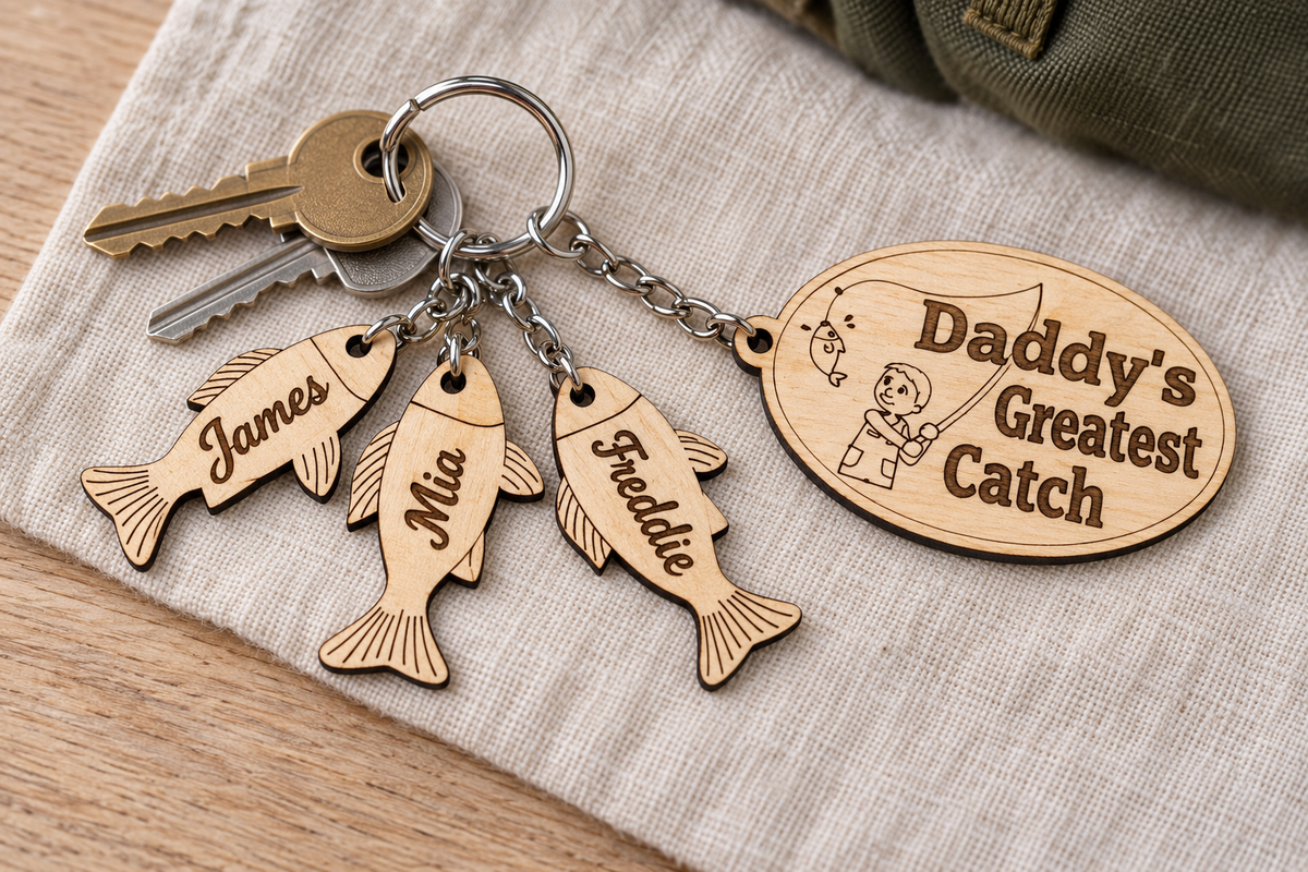 Daddy's Greatest Catch wooden keyring with three engraved fish charms and house keys on neutral linen