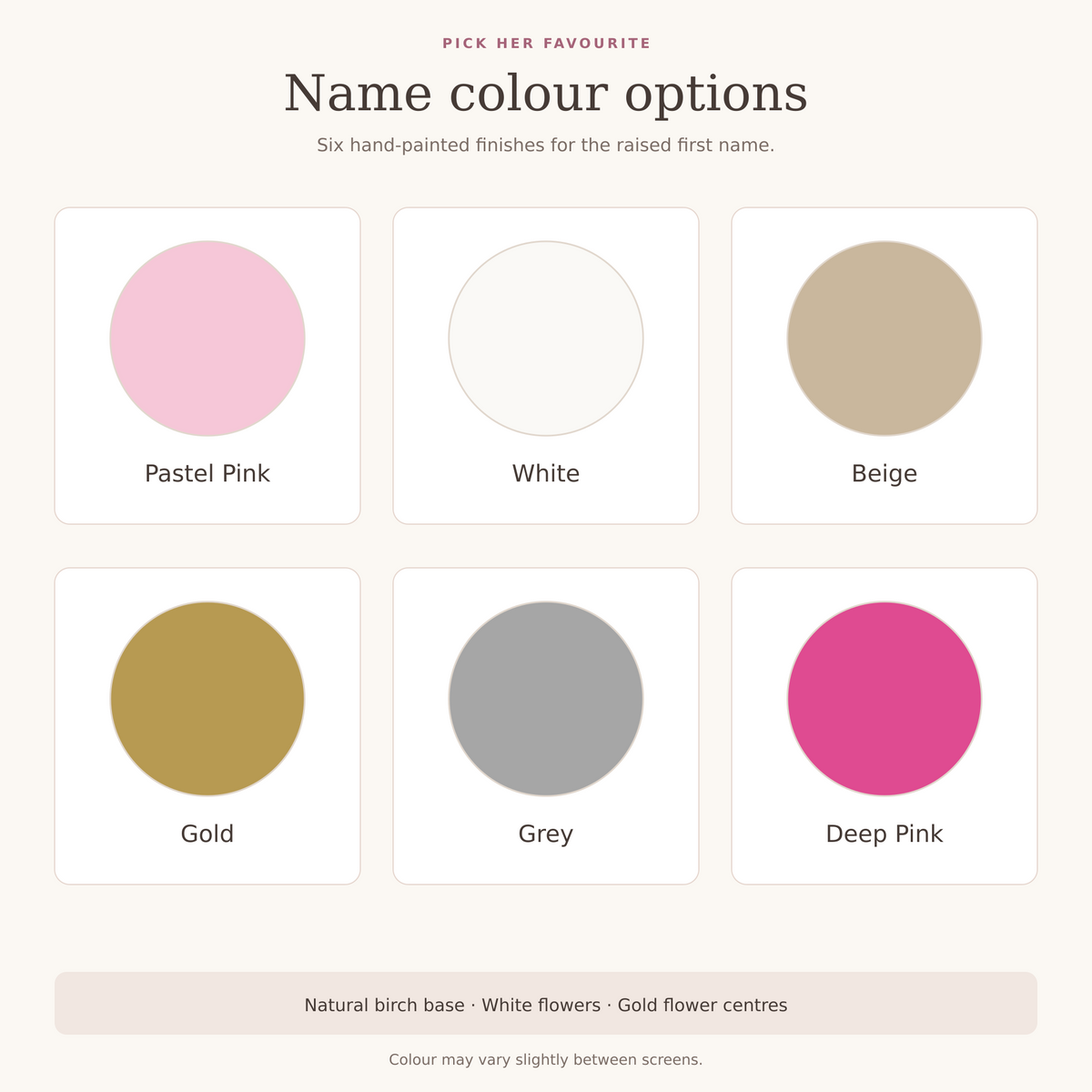 Six raised-name colours: Pastel Pink, Deep Pink, White, Beige, Gold and Grey