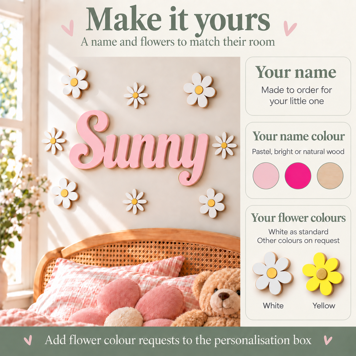 Personalised name and colour choices for the wooden wall sign, with white flowers as standard or yellow flowers with gold centres on request