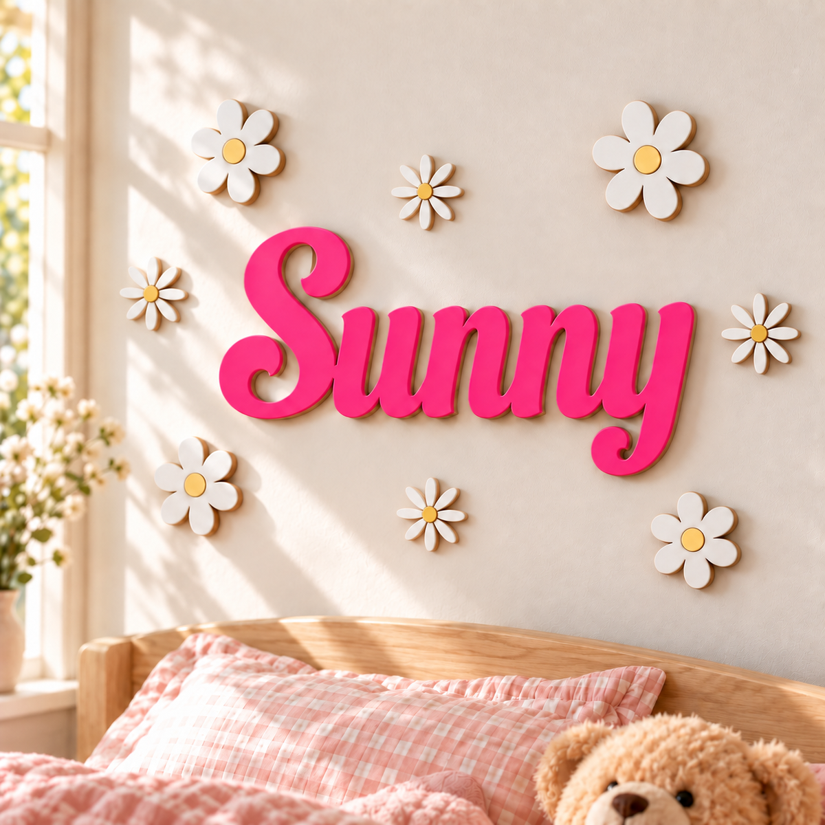 Deep Pink Sunny personalised wooden name sign with eight white flowers in two designs in a child’s bedroom