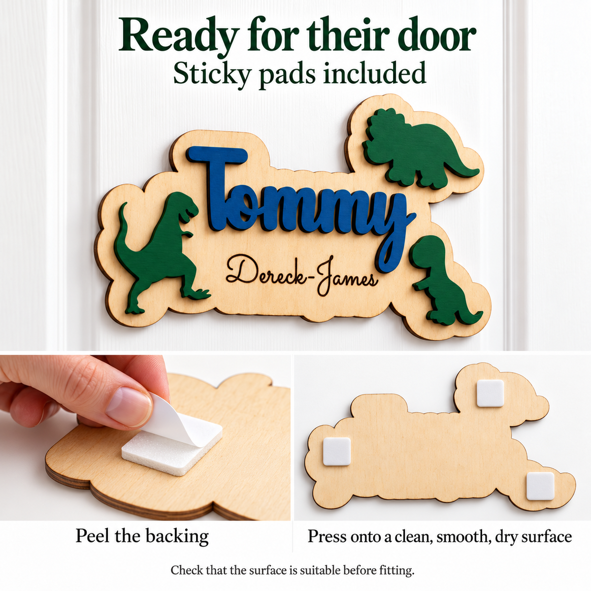 Sticky pads included with the wooden dinosaur name plaque, showing how to peel the backing and fit it to a suitable smooth surface.