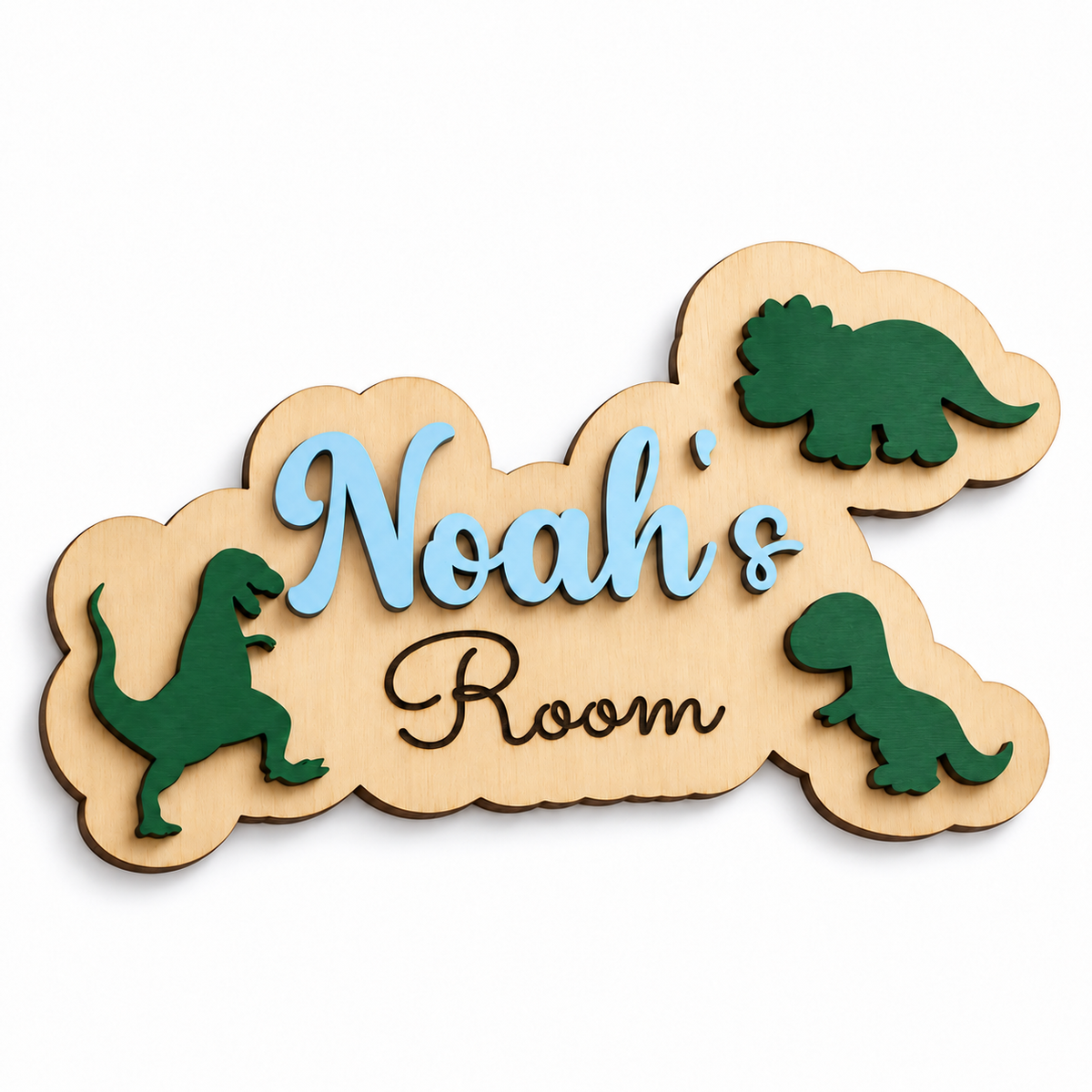 Detailed view of Noah's Room wooden dinosaur door plaque with pastel blue raised Beanco Demo capital N and dark engraved Room wording.