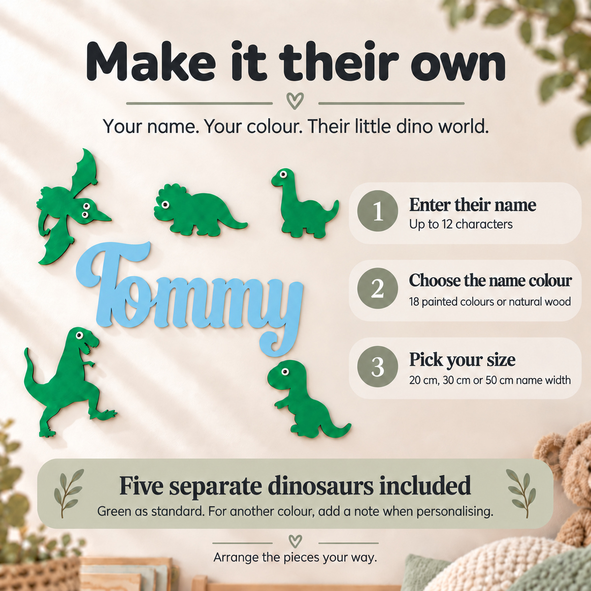 Personalise a wooden dinosaur wall decor set with a name up to 12 characters, 18 painted colours and three name widths