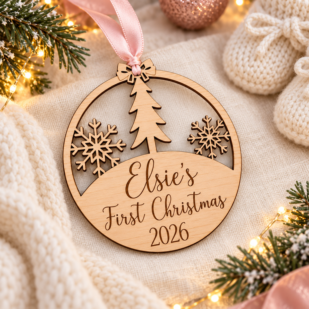 Personalised engraved baby first Christmas keepsake with a pastel pink ribbon beside knitted baby booties, linen and festive greenery