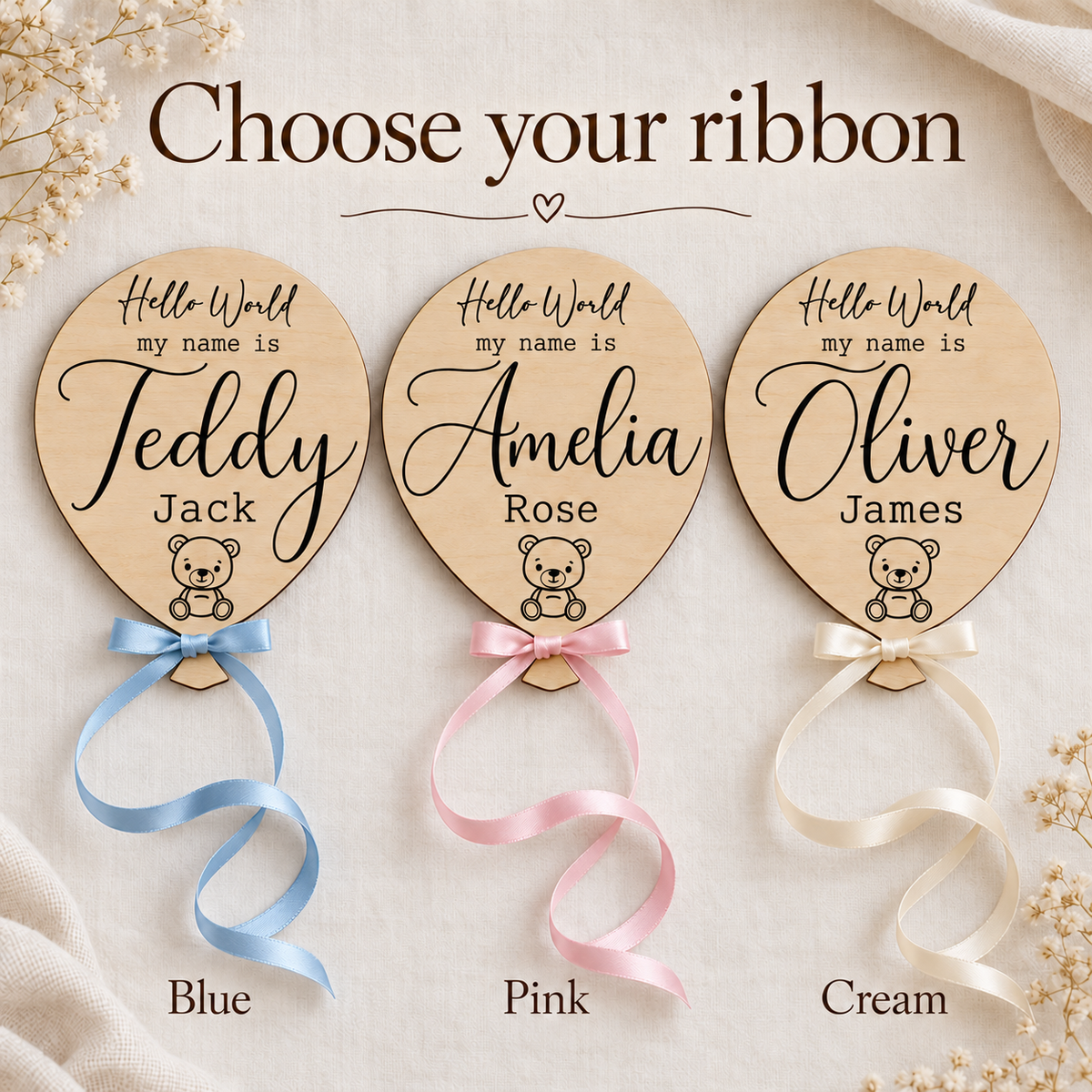 Blue, Pink and Cream ribbon options on engraved baby name plaques
