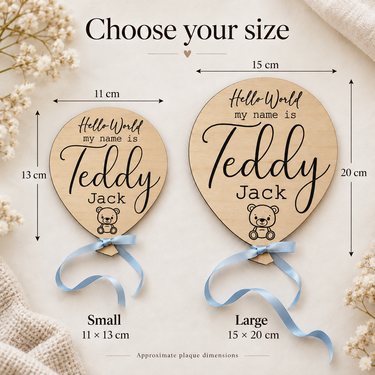 Small 11 by 13 cm and Large 15 by 20 cm engraved baby name plaque size comparison