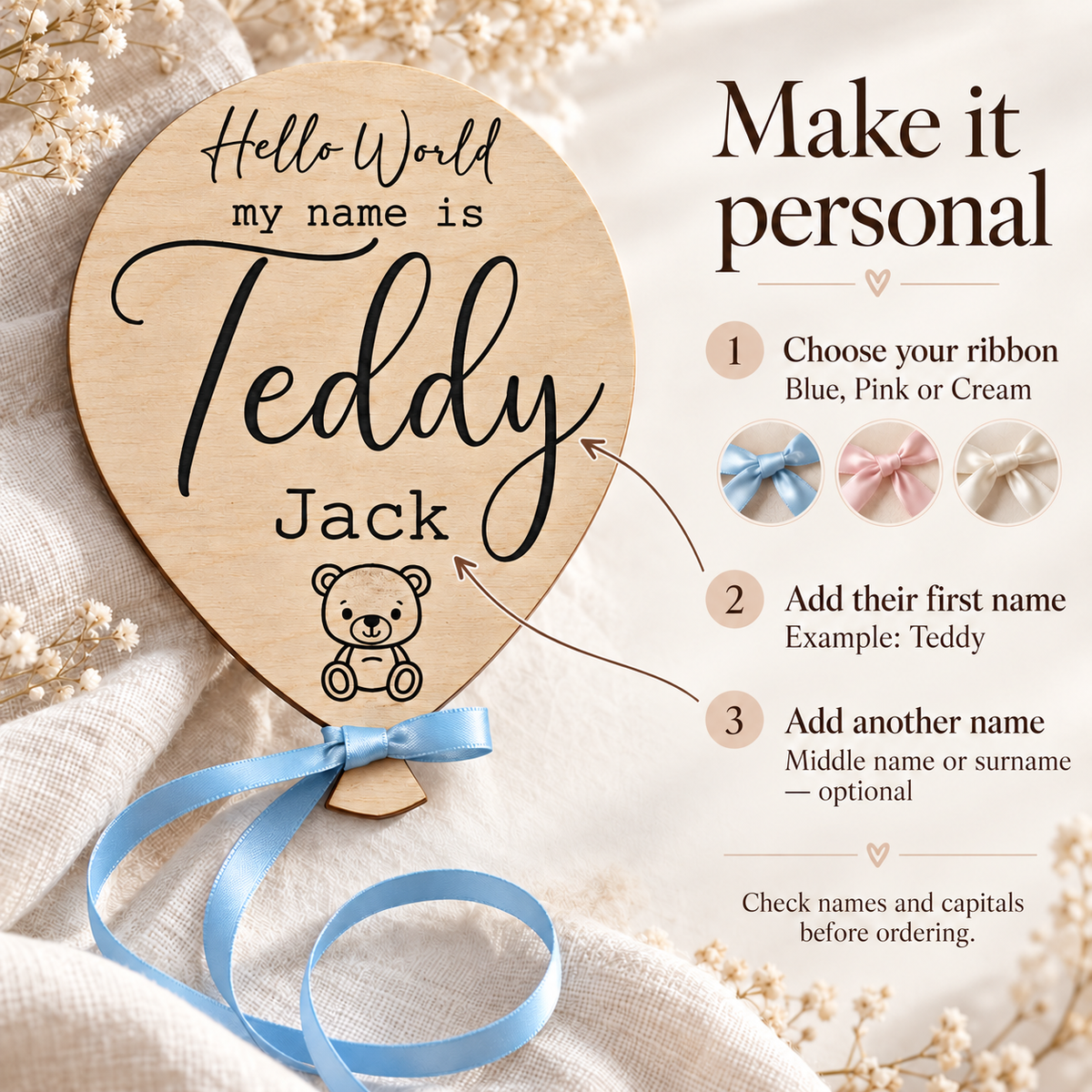Personalisation guide showing first name, optional middle name or surname, and ribbon choices