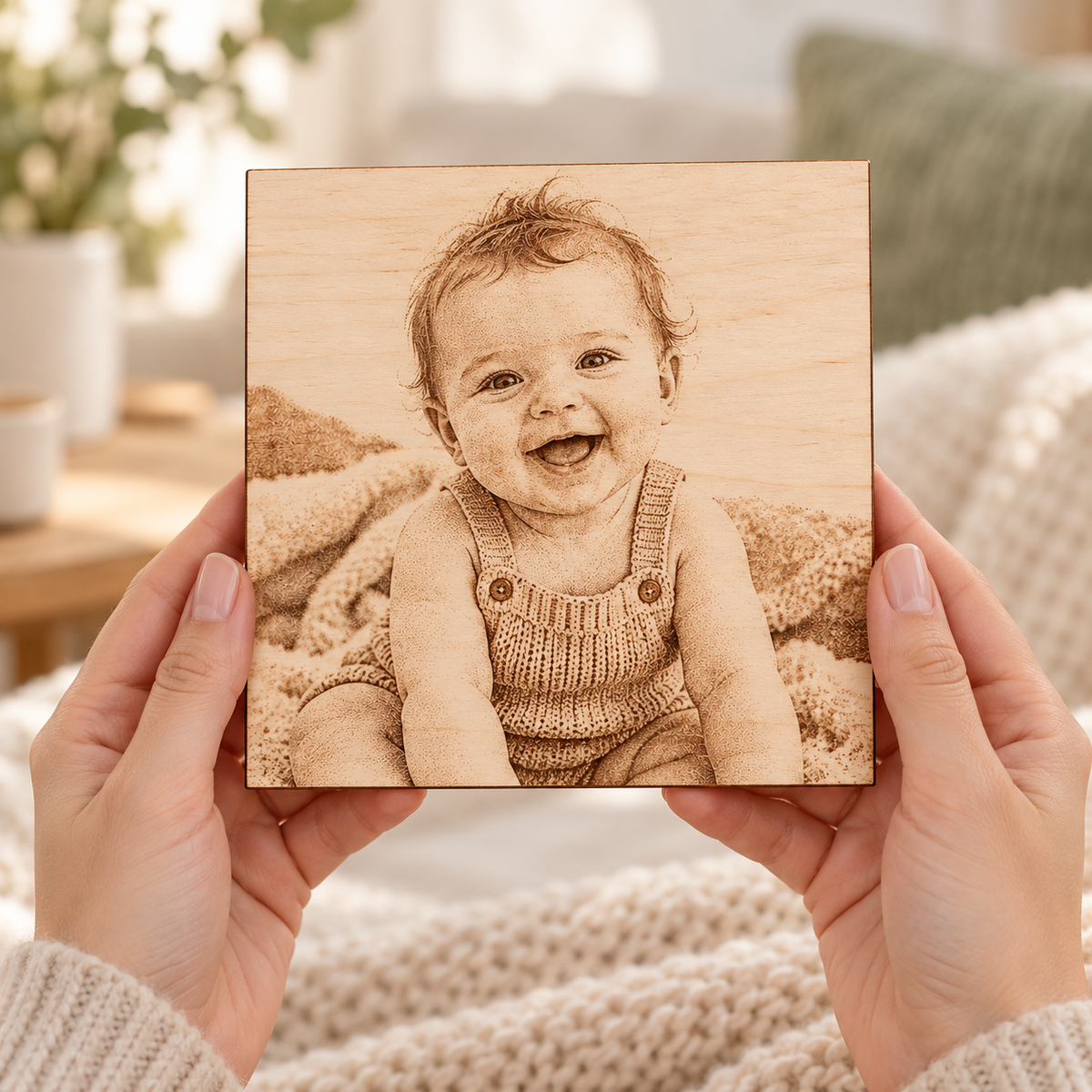 Hands holding a square birch wooden photo plaque with a smiling baby portrait engraved in natural brown tones