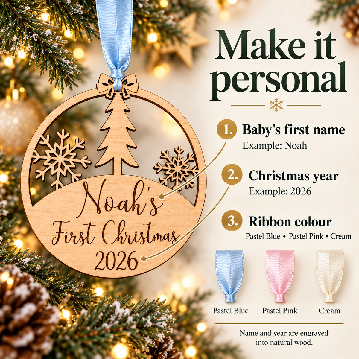 Personalisation guide for the engraved baby Christmas keepsake: baby's first name, Christmas year and pastel blue, pastel pink or cream ribbon
