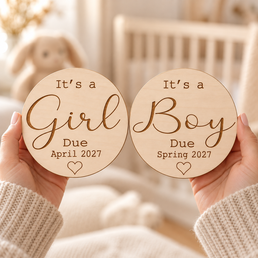 Engraved It's a Girl and It's a Boy gender reveal signs held in hands with personalised due dates