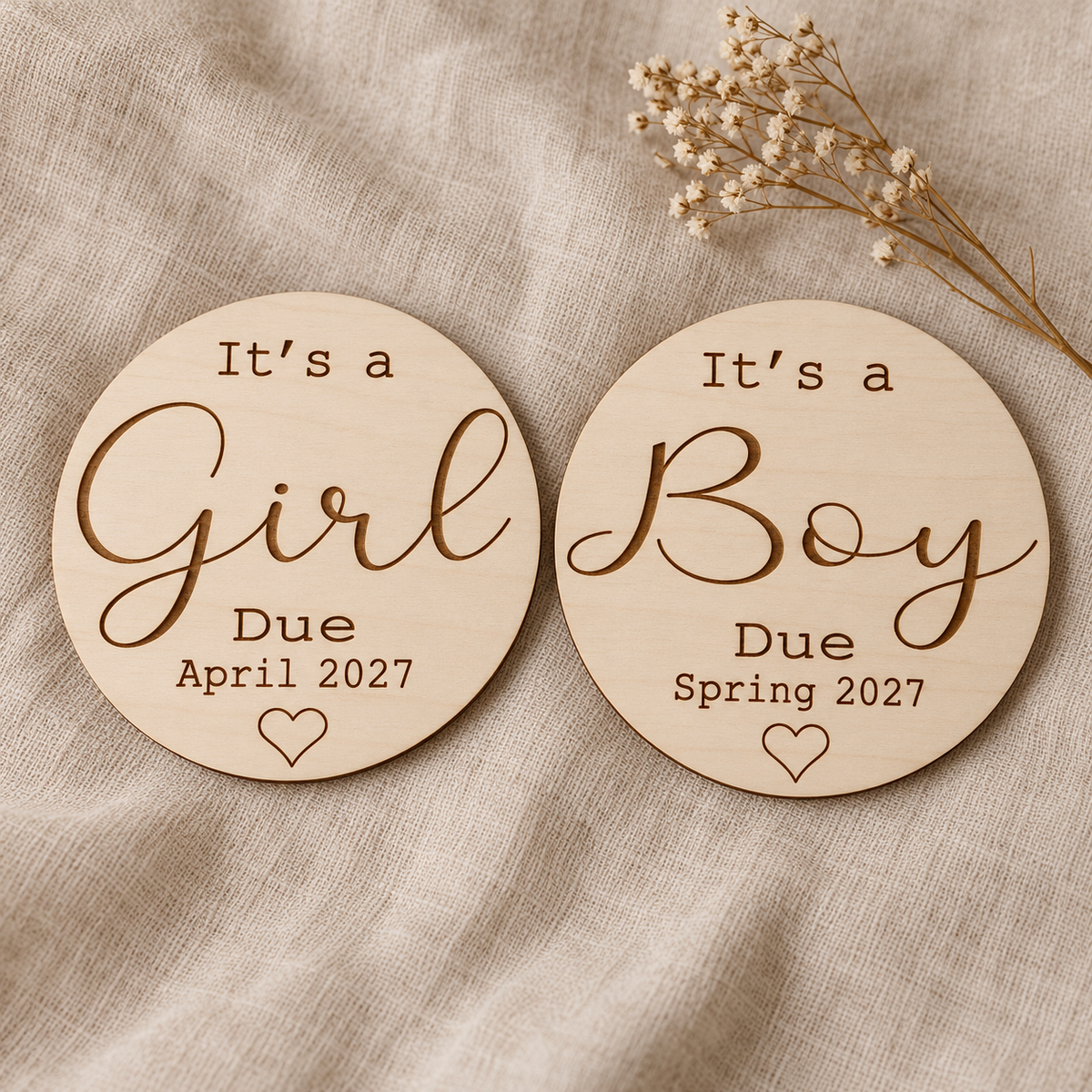 Girl and Boy engraved design examples with personalised due dates, showing two available designs