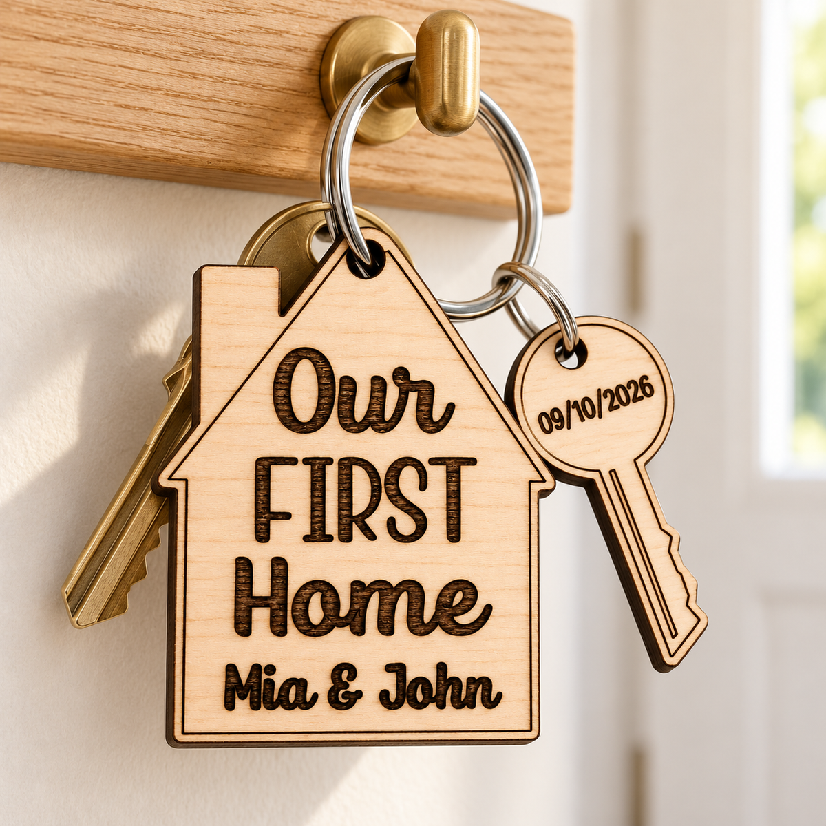 Close-up of a personalised wooden house keyring and date charm hanging from a home key rail.