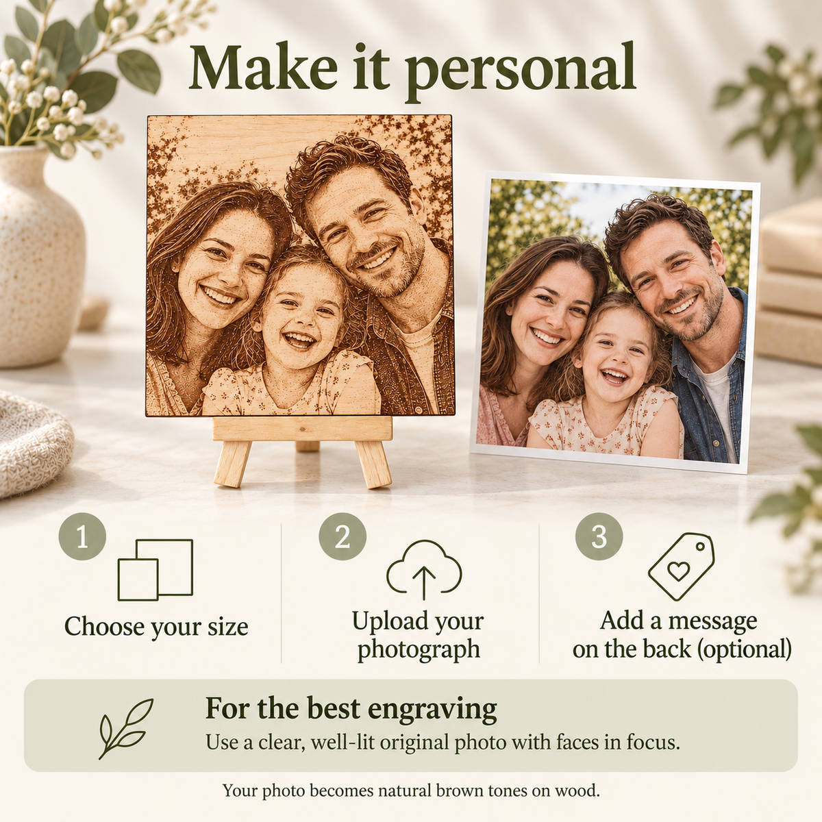 Personalisation guide for choosing a plaque size, uploading a clear photograph and adding an optional message on the back